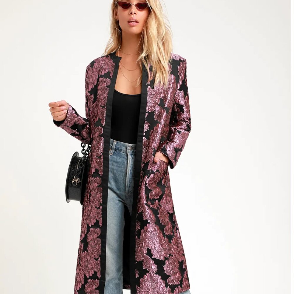 NWT Lulu's Mayia Purple and Black Jacquard Floral Print Long Jacket - Picture 12 of 15